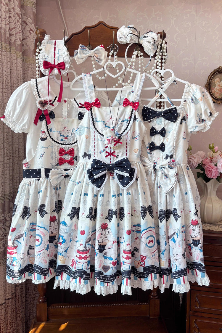Beige [Mystery Rabbit Tea Party] Sleeveless Print Bowknot Lace Sweet Lolita Strap Dress