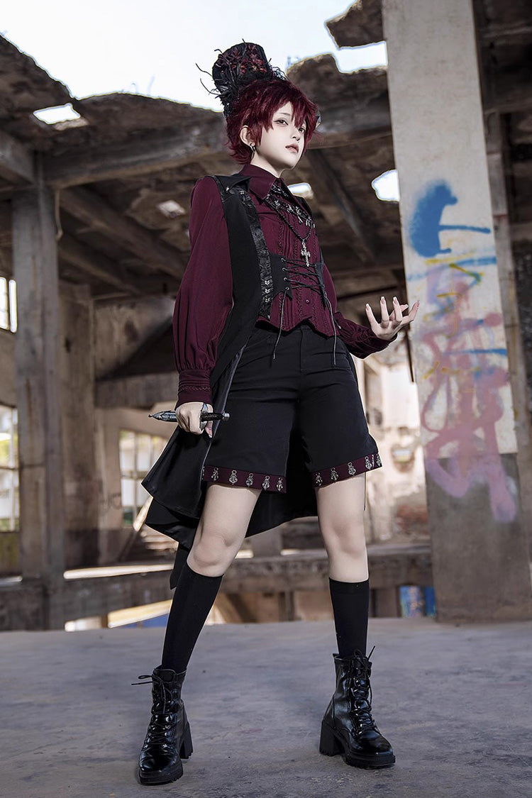 Black Lace-Up Slim Gothic Vintage Prince Ouji Lolita Long Vest