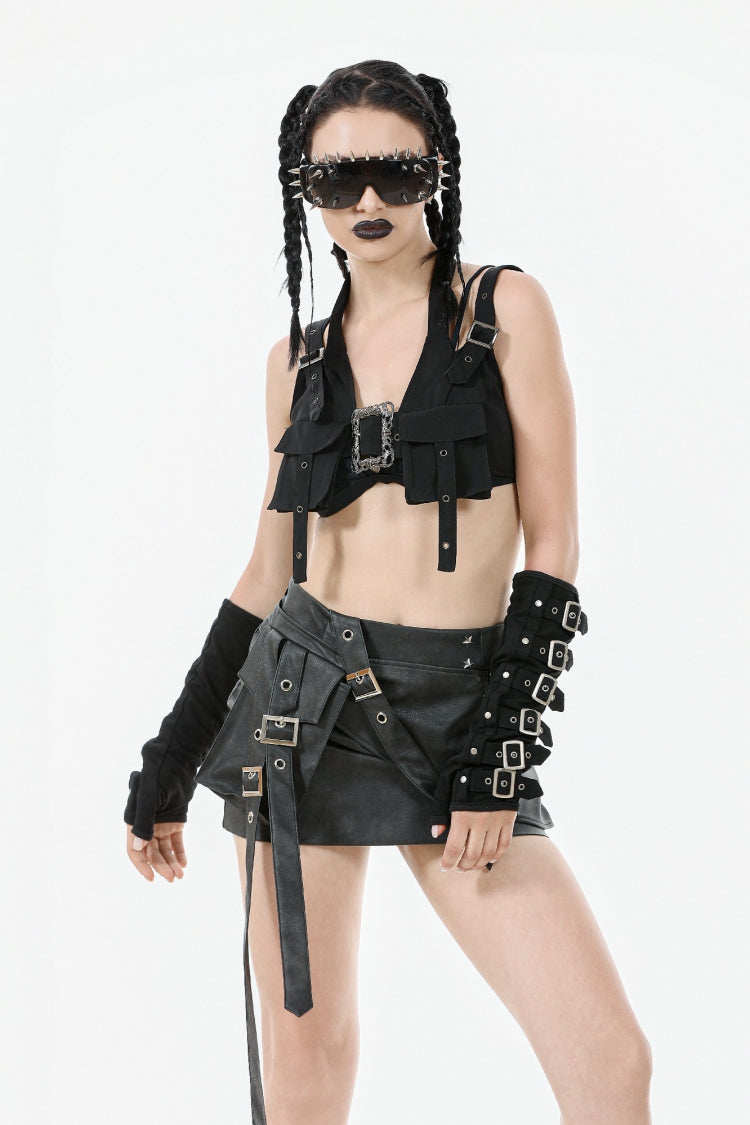 Black Halterneck Buckled Women's Punk Utility Vest