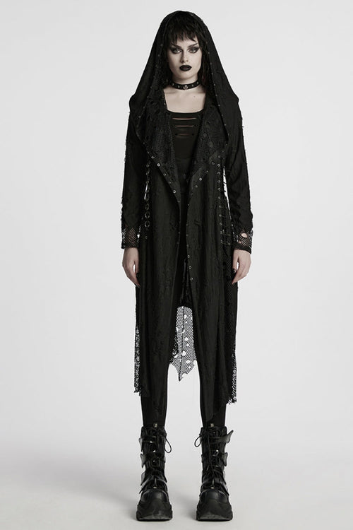 Black Long Sleeves Stitching Hooded Mesh Ripped Women's Gothic Coat