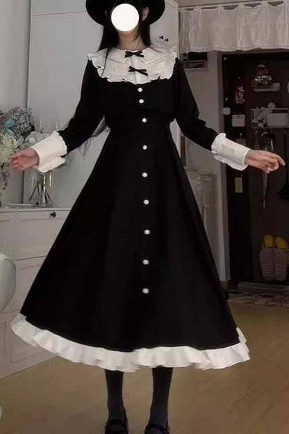 Black Long Sleeves Ruffle Bowknot Vintage Elegant Lolita Dress Two Pieces Set