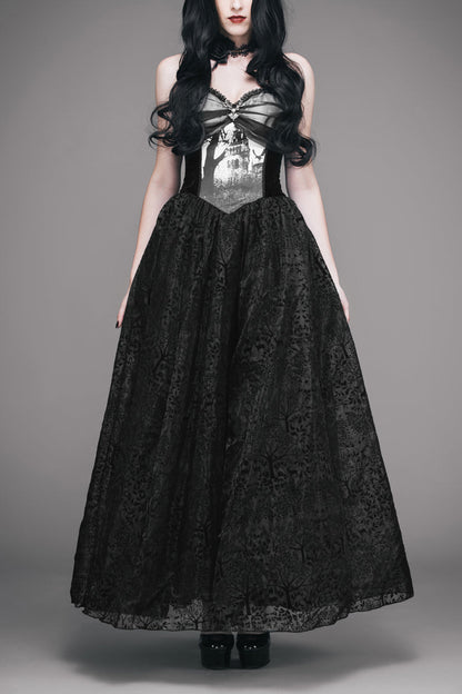 Black Elk Metal Brooch Flocking Print Yarn Floral Women's Gothic Dress