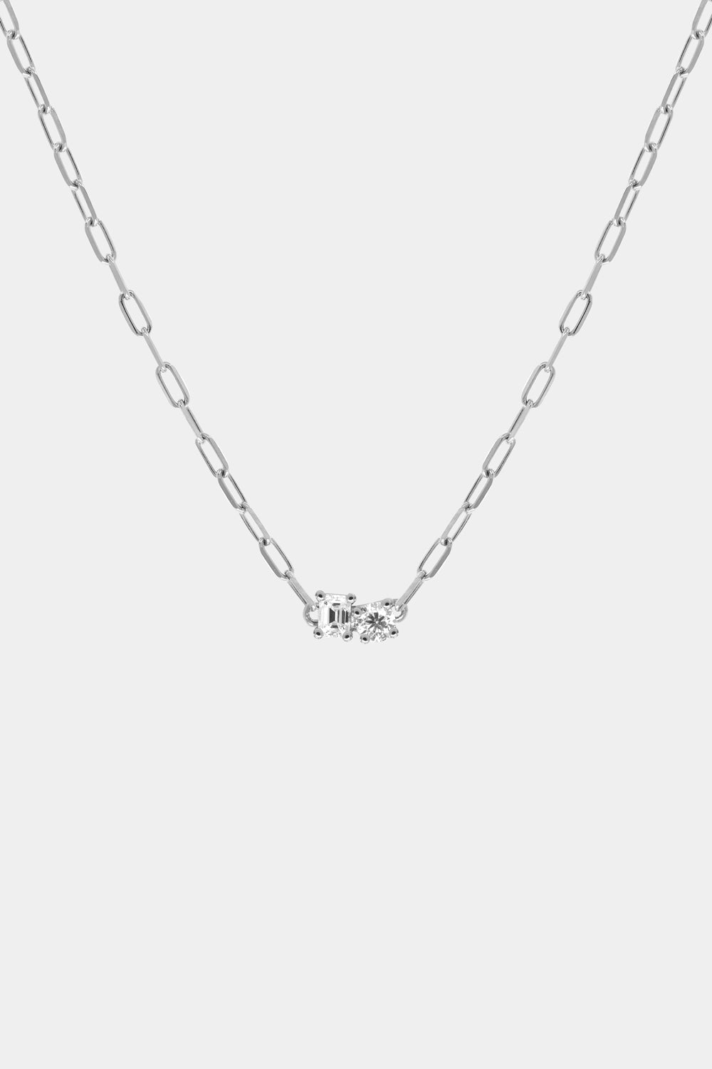 Emerald and Round Diamond Toi Et Moi Necklace | White Gold