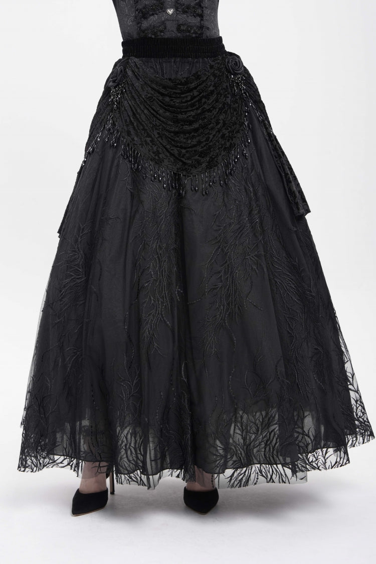 Black Floral Embroidered Beaded Women's Gothic Long Skirt