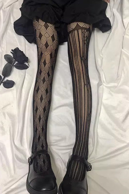 Black Mesh Asymmetric Striped Gothic Lolita Tights