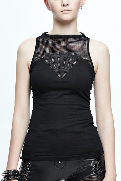 Black Leather Embroidered Gear Cotton Womens Punk T-Shirt